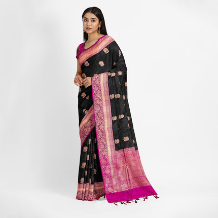 Black Stunning Pure Katan Silk Banarasi Saree with Hot Pink Zari Border | SILK MARK CERTIFIED