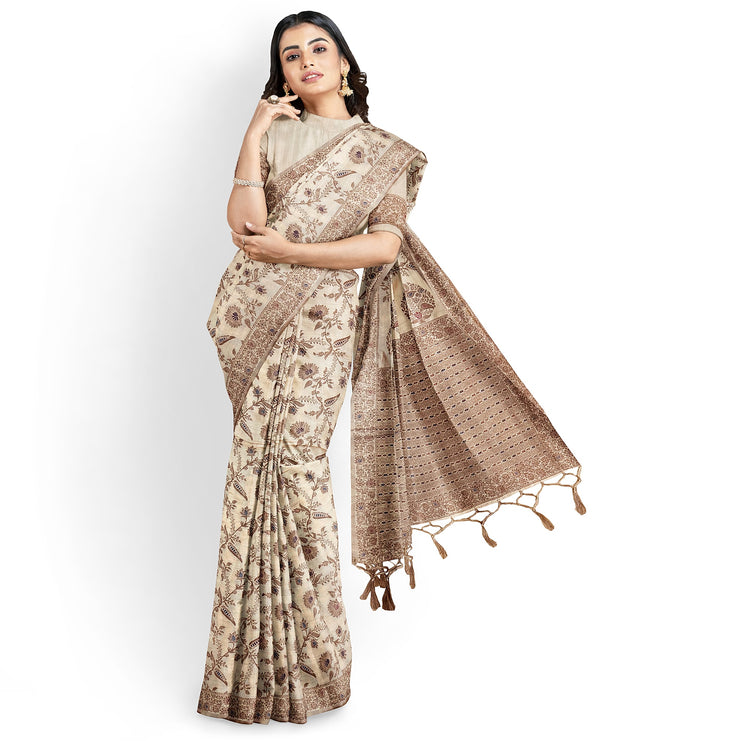 Kashmiri Poshkar kani - Kashmiri Kani embroidered Tussar Silk Saree