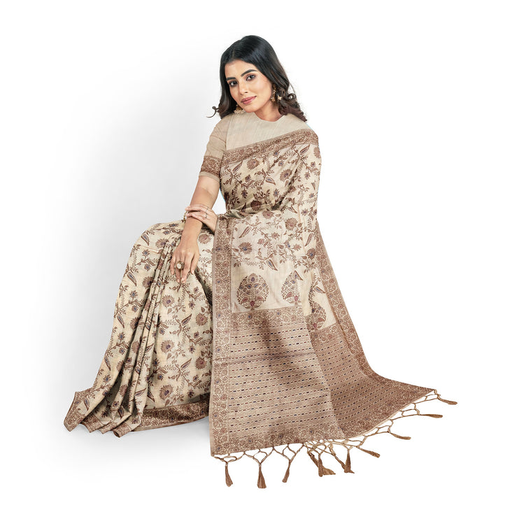 Kashmiri Poshkar kani - Kashmiri Kani embroidered Tussar Silk Saree