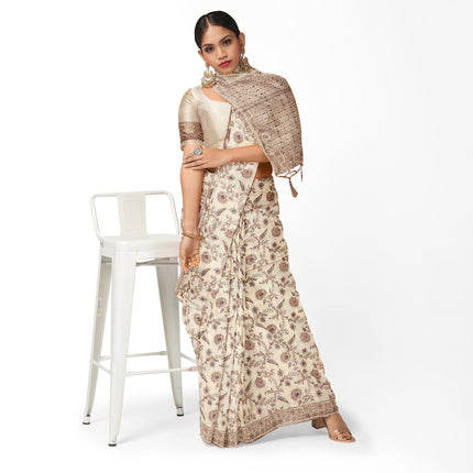 Kashmiri Poshkar kani - Kashmiri Kani embroidered Tussar Silk Saree