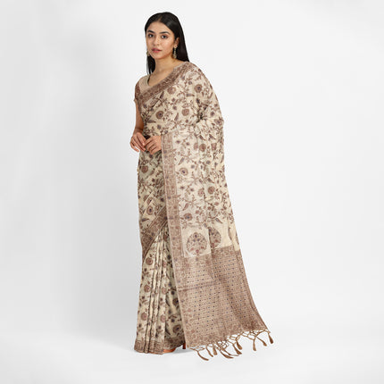 Kashmiri Poshkar kani - Kashmiri Kani embroidered Tussar Silk Saree