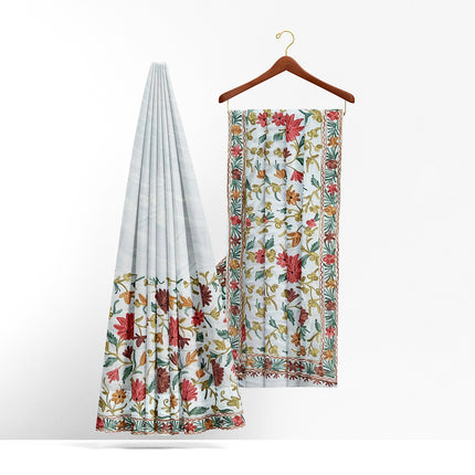 Beige/Cream Italian Crepe Silk Saree with Kashmiri Aari Work/Parsi Gara.