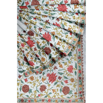Beige/Cream Italian Crepe Silk Saree with Kashmiri Aari Work/Parsi Gara.