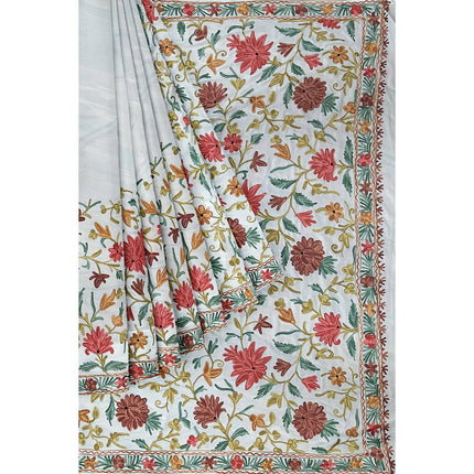 Beige/Cream Italian Crepe Silk Saree with Kashmiri Aari Work/Parsi Gara.