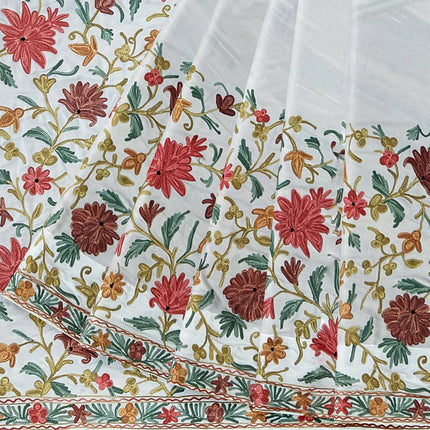 Beige/Cream Italian Crepe Silk Saree with Kashmiri Aari Work/Parsi Gara.