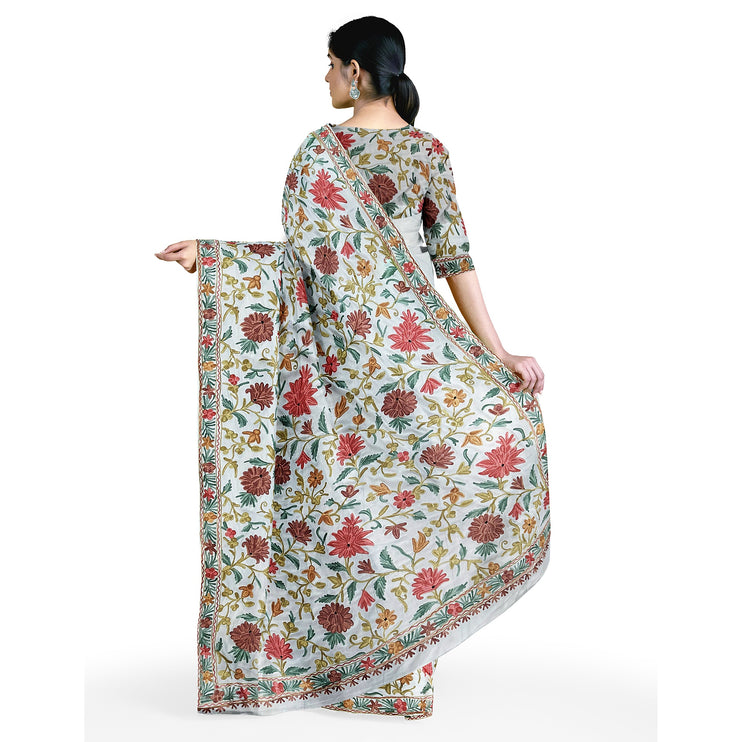 Beige/Cream Italian Crepe Silk Saree with Kashmiri Aari Work/Parsi Gara.