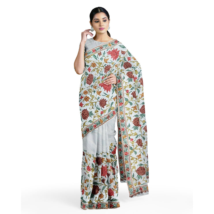 Beige/Cream Italian Crepe Silk Saree with Kashmiri Aari Work/Parsi Gara.