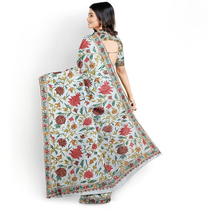 Beige/Cream Italian Crepe Silk Saree with Kashmiri Aari Work/Parsi Gara.