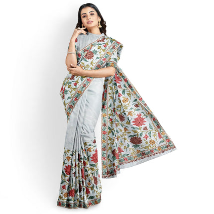 Beige/Cream Italian Crepe Silk Saree with Kashmiri Aari Work/Parsi Gara.