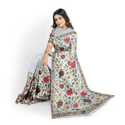 Beige/Cream Italian Crepe Silk Saree with Kashmiri Aari Work/Parsi Gara.