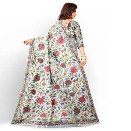Beige/Cream Italian Crepe Silk Saree with Kashmiri Aari Work/Parsi Gara.