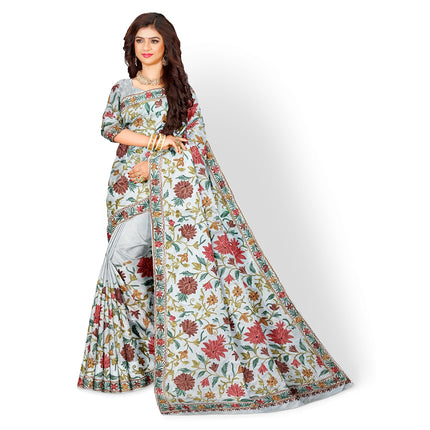 Beige/Cream Italian Crepe Silk Saree with Kashmiri Aari Work/Parsi Gara.