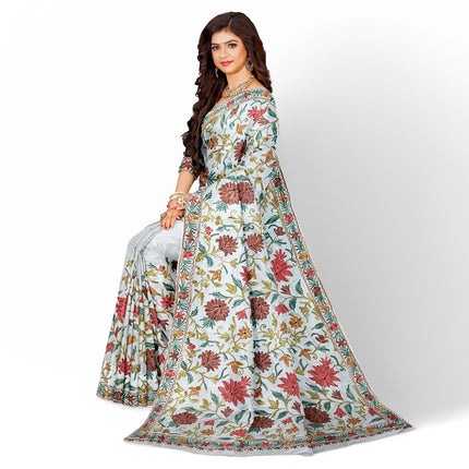 Beige/Cream Italian Crepe Silk Saree with Kashmiri Aari Work/Parsi Gara.