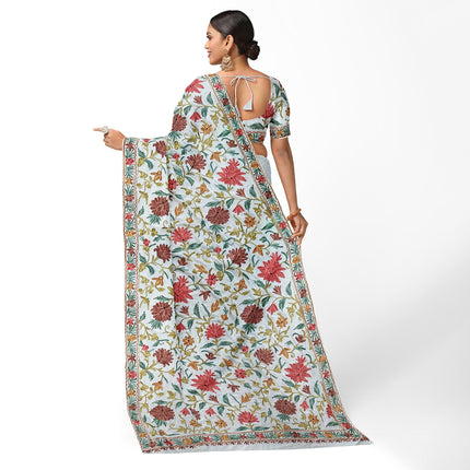 Beige/Cream Italian Crepe Silk Saree with Kashmiri Aari Work/Parsi Gara.