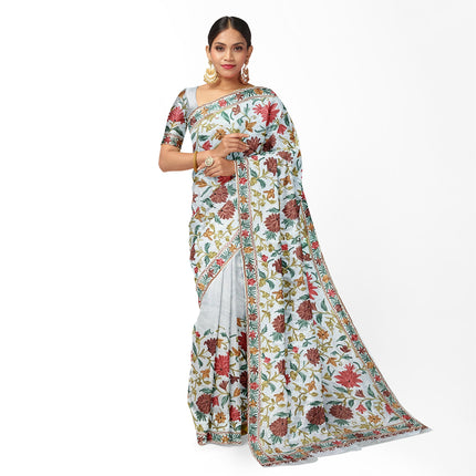 Beige/Cream Italian Crepe Silk Saree with Kashmiri Aari Work/Parsi Gara.