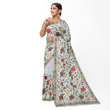 Beige/Cream Italian Crepe Silk Saree with Kashmiri Aari Work/Parsi Gara.
