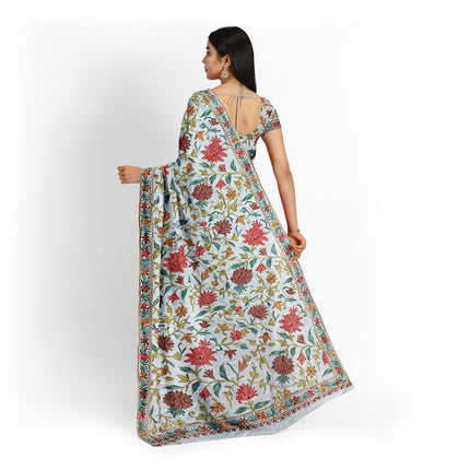 Beige/Cream Italian Crepe Silk Saree with Kashmiri Aari Work/Parsi Gara.