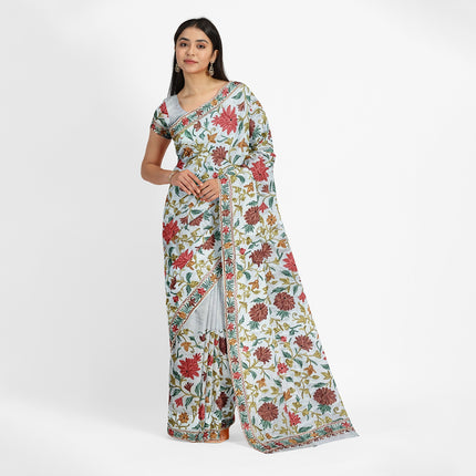 Beige/Cream Italian Crepe Silk Saree with Kashmiri Aari Work/Parsi Gara.