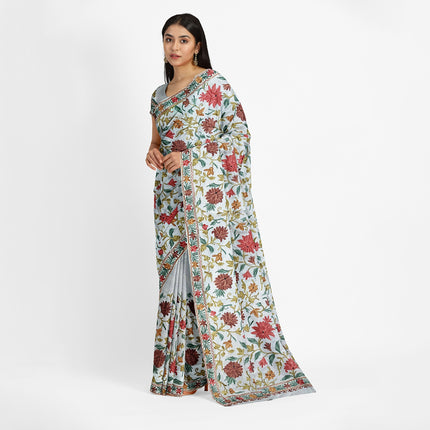 Beige/Cream Italian Crepe Silk Saree with Kashmiri Aari Work/Parsi Gara.