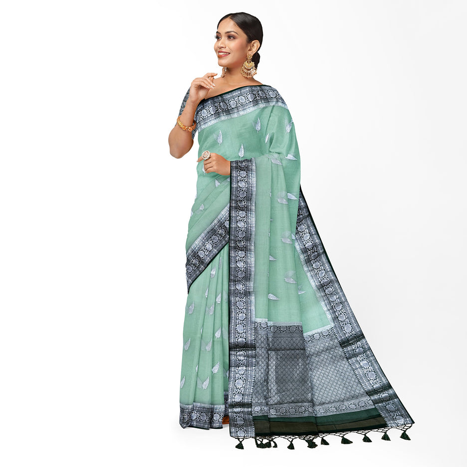 Banarasi Kora Organza Pure Silk/ Light Mint with Contrast Green Silver Zari Border/ SILK MARK CERTIFIED HANDLOOM