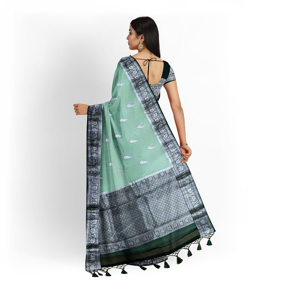 Banarasi Kora Organza Pure Silk/ Light Mint with Contrast Green Silver Zari Border/ SILK MARK CERTIFIED HANDLOOM