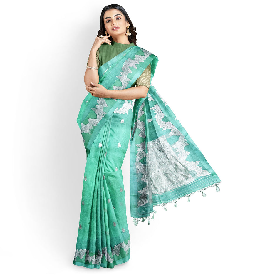 Banarasi Kadhuwa Pure Silk Kora Organza- Pista color/ Scalloped Zari Border/ SILK MARK CERTIFIED HANDLOOM