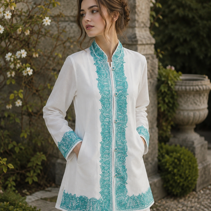 Short hand Sozni embroidered | Luxury wool Jacket | Teal and White | Size 42