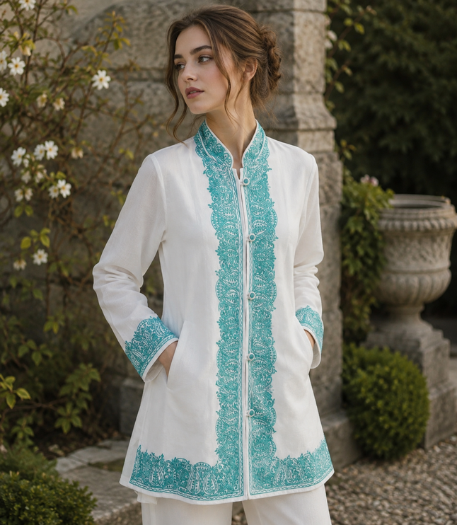 Short hand Sozni embroidered | Luxury wool Jacket | Teal and White | Size 42