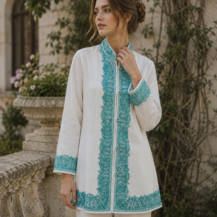 Short hand Sozni embroidered | Luxury wool Jacket | Teal and White | Size 42
