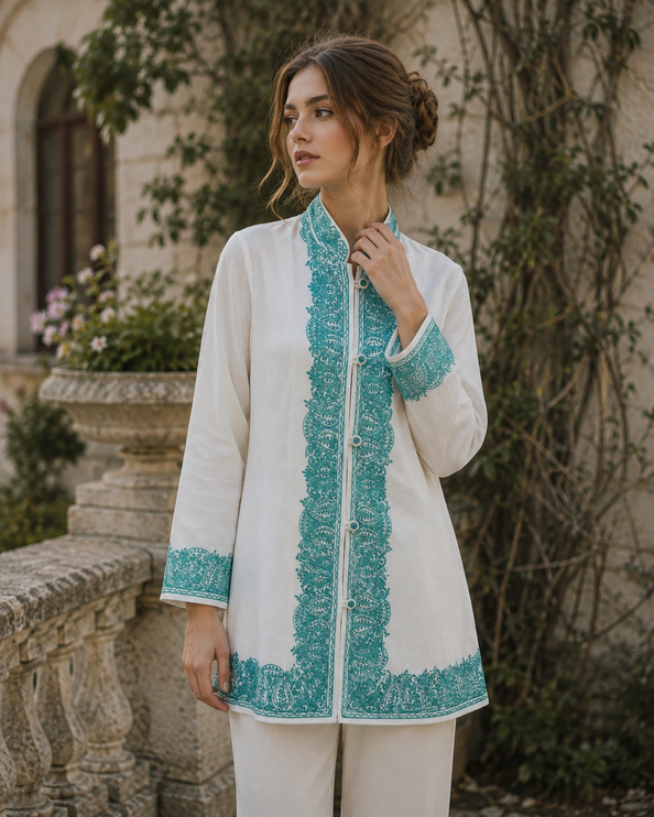 Short hand Sozni embroidered | Luxury wool Jacket | Teal and White | Size 42