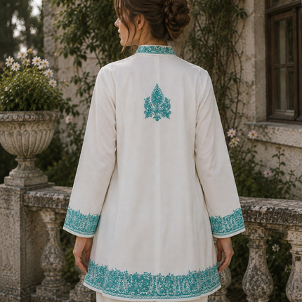 Short hand Sozni embroidered | Luxury wool Jacket | Teal and White | Size 42