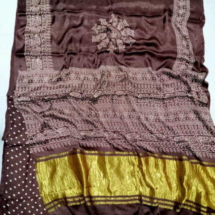 100% Silk  Modal saree  | Hand block Ajrakh print with Blouse piece| fall pico done