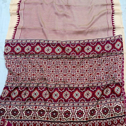 100% Silk  Modal saree  | Hand block Ajrakh print with Blouse piece| fall pico done