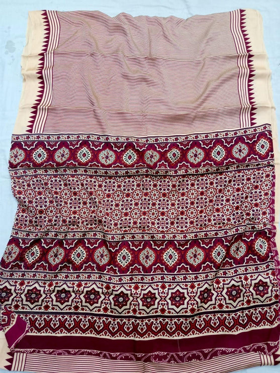 100% Silk  Modal saree  | Hand block Ajrakh print with Blouse piece| fall pico done