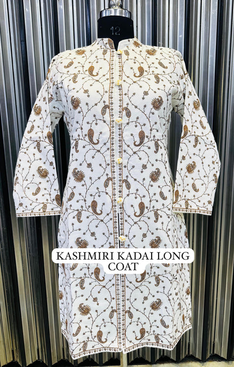 Luxury Kani/Jamawar  Woolen Jacket with Jari | woven Kashmir Artwear | Statement fashion wear | Kashmir Winter Dresses|knee length| size 42