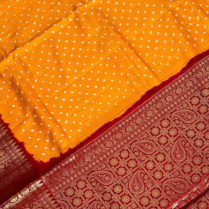 Pure Banarasi Katan Silk Saree | Bandhani Dana weaving and  yellow/Red  border | Hand Woven | Lock weaving| Silk Mark certified
