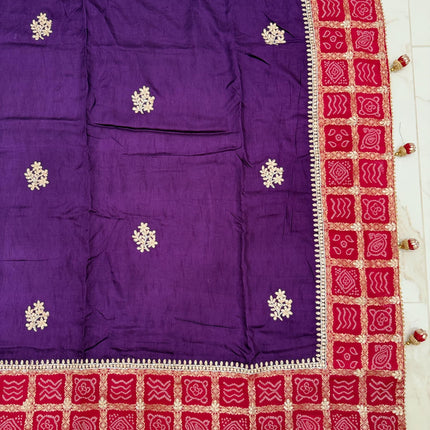 100% Pure Bandhani silk saree|Embroidered  handwork Saree/ Gharchola Pattern/ Purple color with Rani pink border /fall pico done