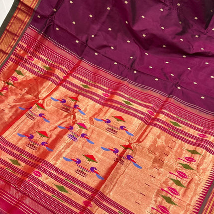 Authentic Maharani Paithani from Yeola| 100% handwoven Pure Silk saree in Maroon Color with light Deep Olive border|Silk Mark Certified