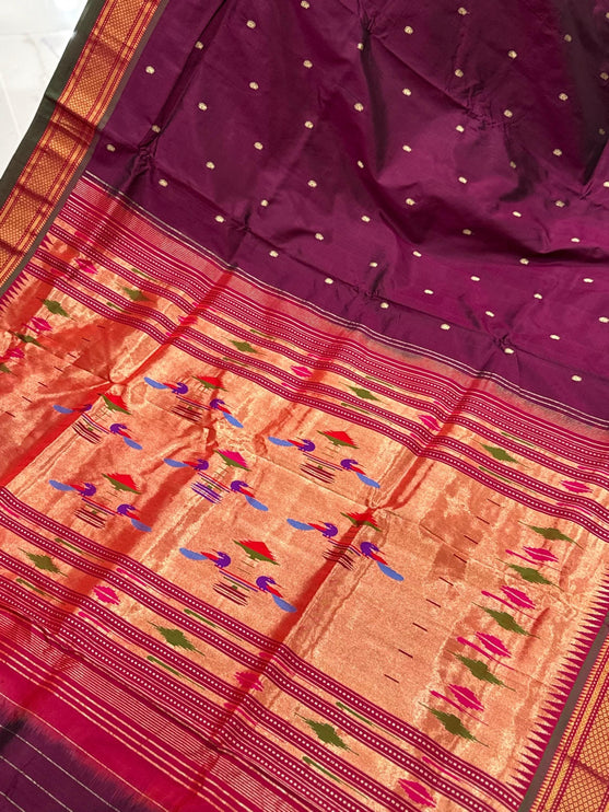 Authentic Maharani Paithani from Yeola| 100% handwoven Pure Silk saree in Maroon Color with light Deep Olive border|Silk Mark Certified