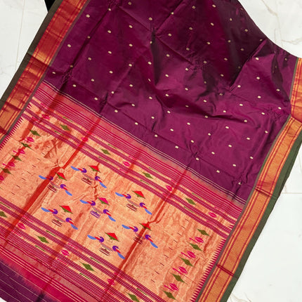 Authentic Maharani Paithani from Yeola| 100% handwoven Pure Silk saree in Maroon Color with light Deep Olive border|Silk Mark Certified