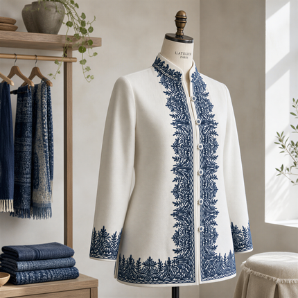 A mannequin wearing a white jacket with blue embroidered patterns, displayed in a clothing store.