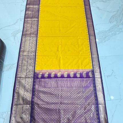 Pure handloom Gadwal semi-Silk Saree | Silk | Bright Yellow  with Purple border