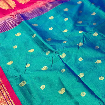 Authentic Kadiyal  Paithani from Yeola| Pure Silk saree in with Duel Rama/ Seagreen  Magenta border with Gold  border|Silk Mark Certified