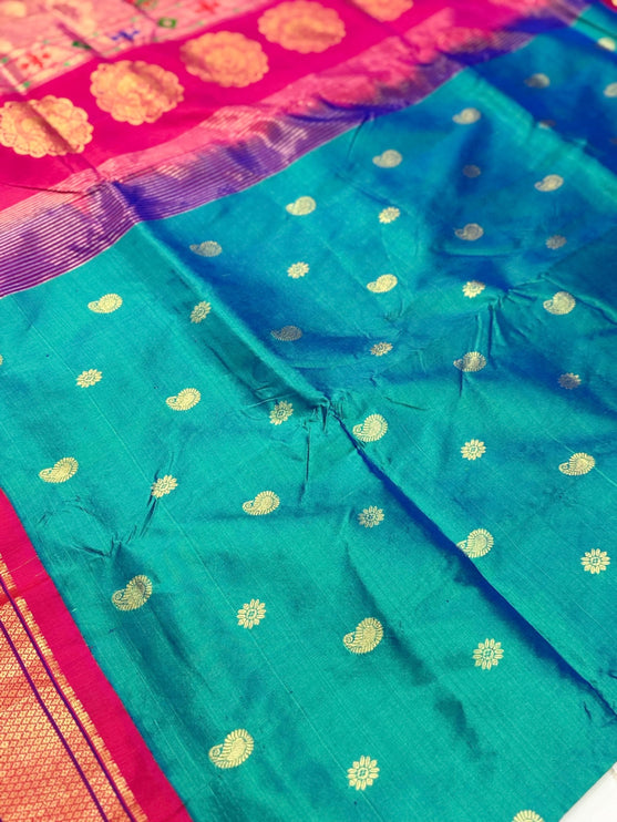 Authentic Kadiyal  Paithani from Yeola| Pure Silk saree in with Duel Rama/ Seagreen  Magenta border with Gold  border|Silk Mark Certified