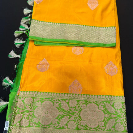 Pure Banarasi Kaduwa Silk Saree | Motifs weaving and bright yellow/light Pista  border | Hand Woven | Lock weaving| Silk Mark certified