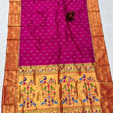 Authentic Triple Muniya  Paithani from Yeola| Pure Silk saree in   with Magenta Pink with Gold  border|Silk Mark Certified