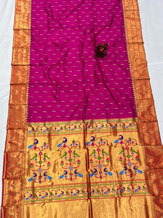 Authentic Triple Muniya  Paithani from Yeola| Pure Silk saree in   with Magenta Pink with Gold  border|Silk Mark Certified