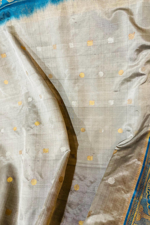 Pure handloom Gadwal Silk Saree | 100% Pure Silk | Silk Mark Certified | Steel Grey with Firozi Blue border