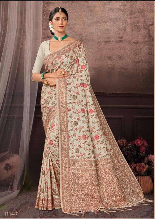 Poshkar Kani vol1 - fine embroidery | All over jaal|Tussar Silk Saree |Authentic Kashmiri kani work - color options |Fall pico tassels done