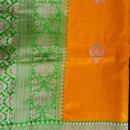 Pure Banarasi Kaduwa Silk Saree | Motifs weaving and bright yellow/light Pista  border | Hand Woven | Lock weaving| Silk Mark certified